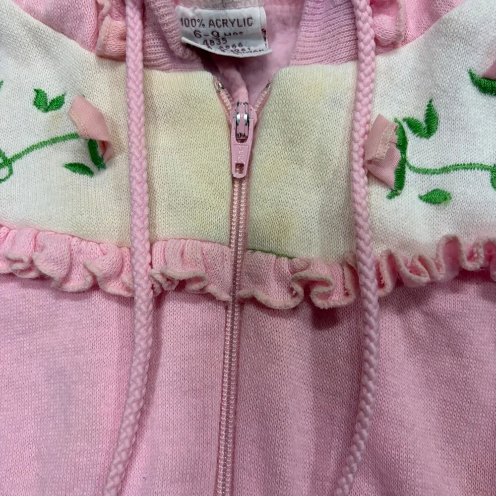 Vintage Pink Floral Embroidered Hooded Footed Coverall Baby Girl 6-9 Months